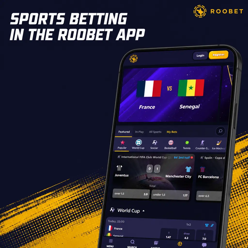 Roobet sports betting app interface showing live streaming, bet slip, odds, and biometric login on mobile