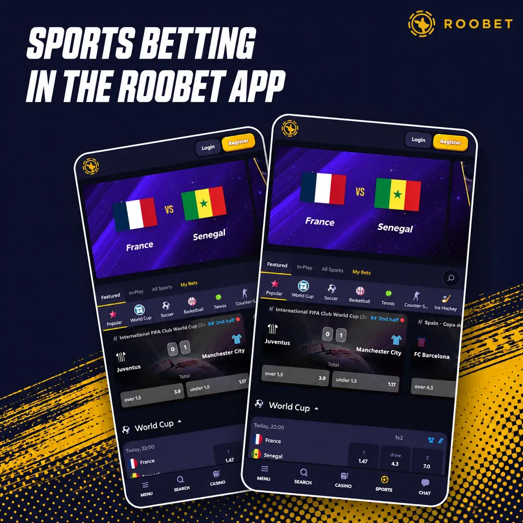 Roobet app sportsbook showing pre-match and live betting markets with bet slip, odds, and cash out options.