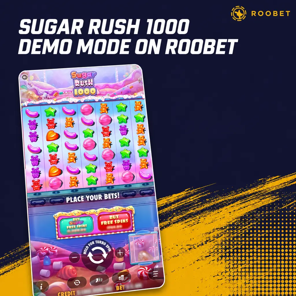 Sugar Rush 1000 demo mode on Roobet showing the 7x7 grid, multiplier bombs, and free spins feature