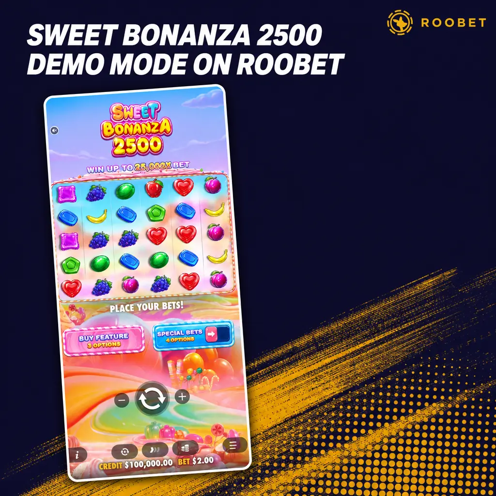 Sweet Bonanza 2500 demo mode on Roobet with free credits, 96.52% RTP and Very High volatility