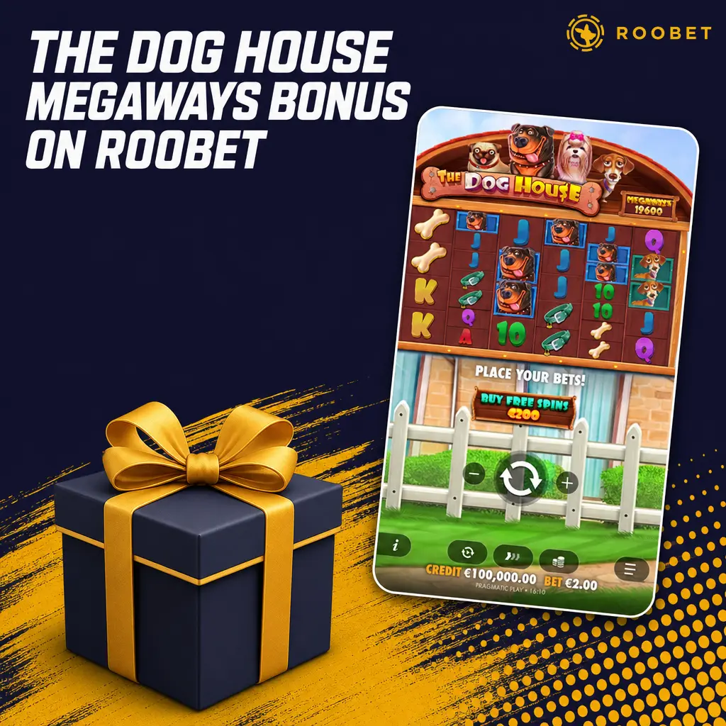 The Dog House Megaways bonus on Roobet showing rakeback, daily rain, and weekly race promotions for slot wagering