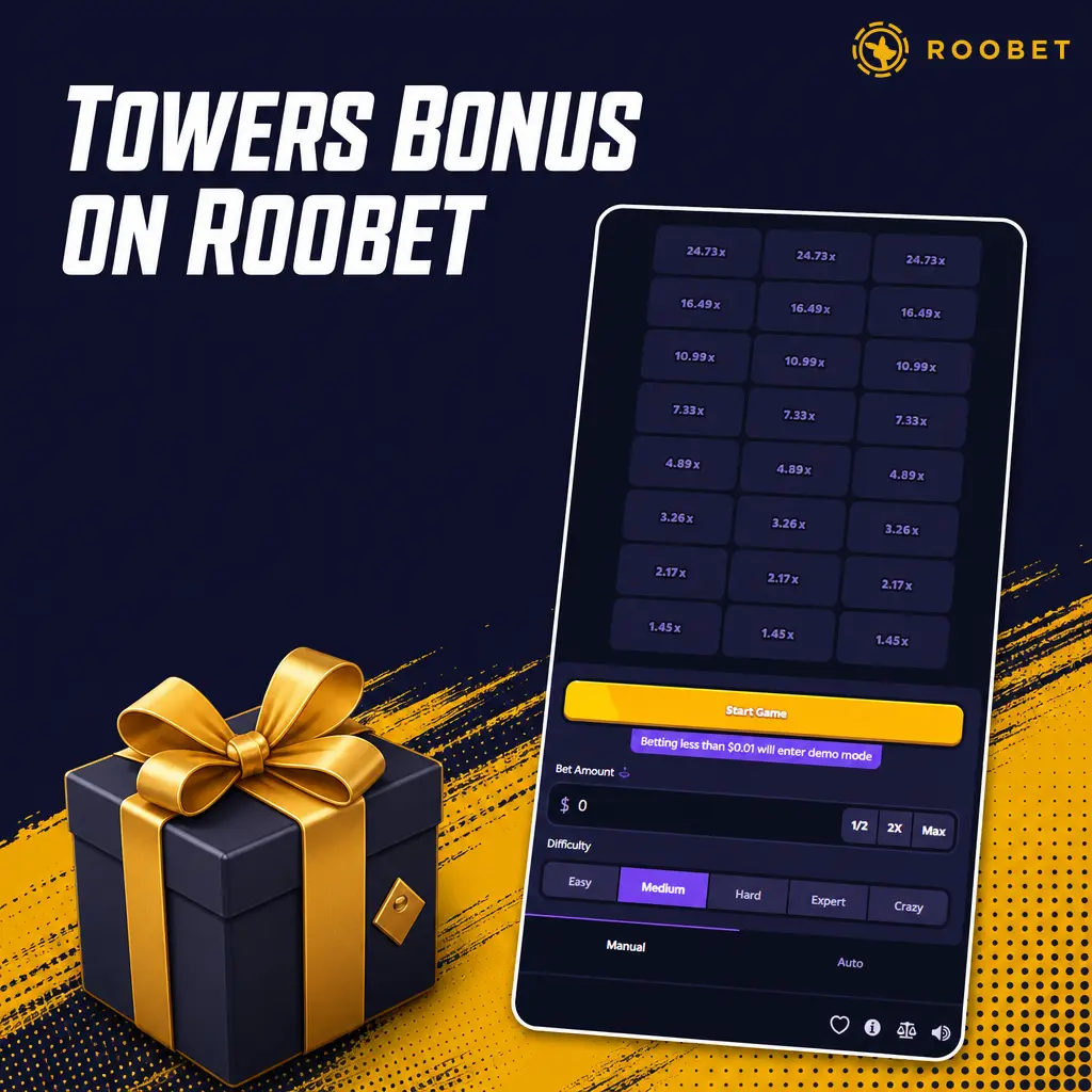 Roobet Towers bonus: 100% first deposit match up to $500, min $20 deposit, 35x wagering, no promo code needed